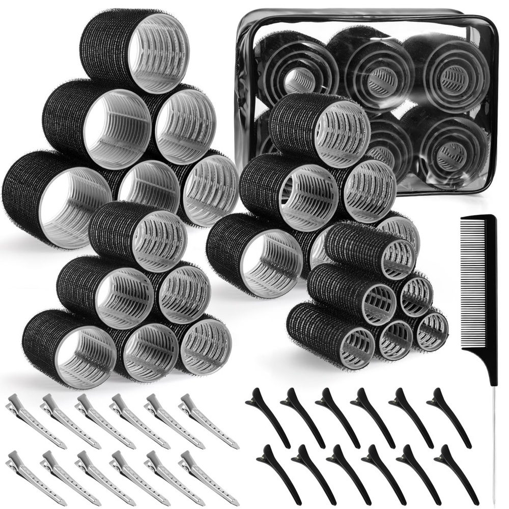 NWT 50-Pc Self Grip Hair Roller Set 4 Sizes Clips Comb & Bag